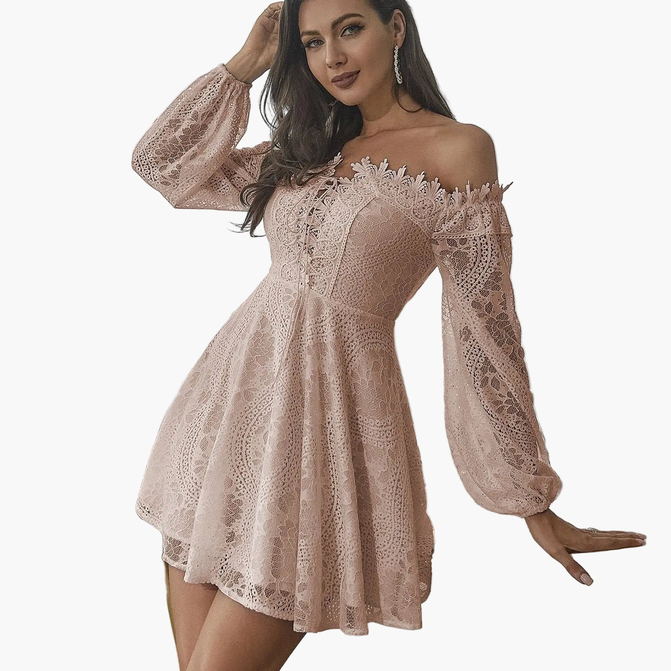 Damen Off-Shoulder Spitzenkleid Elegant Ausgeh-Look Festlich