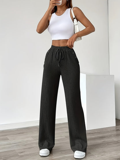 Damen Freizeithose mit weitem Bein und Knopfdetails – Stilvolle Loungehose für Alltag und Freizeit