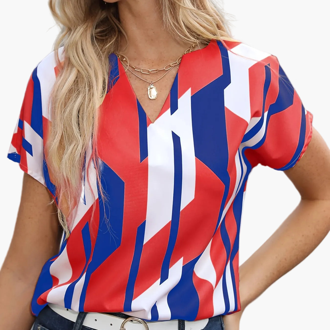 Damen Vintage Bluse mit geometrischem Muster und V-Ausschnitt – Modisches Büro & Freizeitshirt