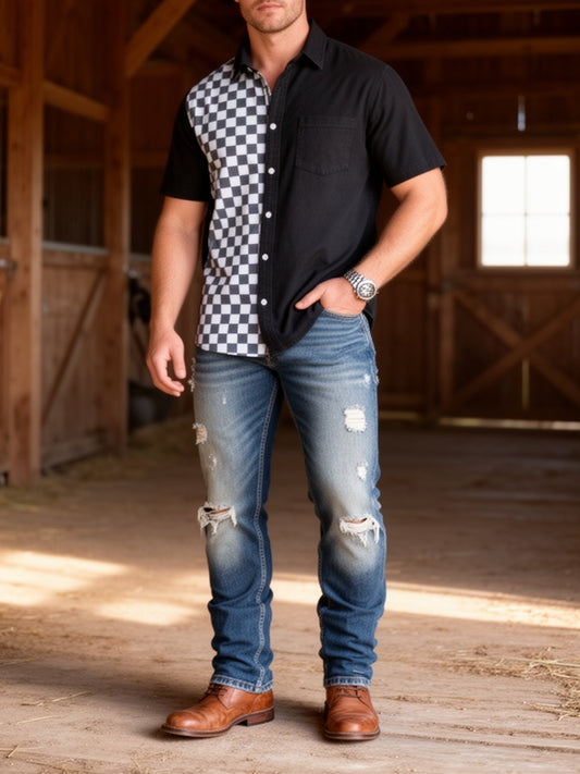 Herren Kurzarm Freizeithemd mit Schachbrettmuster und moderner Passform – Trendiges Resort Shirt für Alltag und Ausgehen
