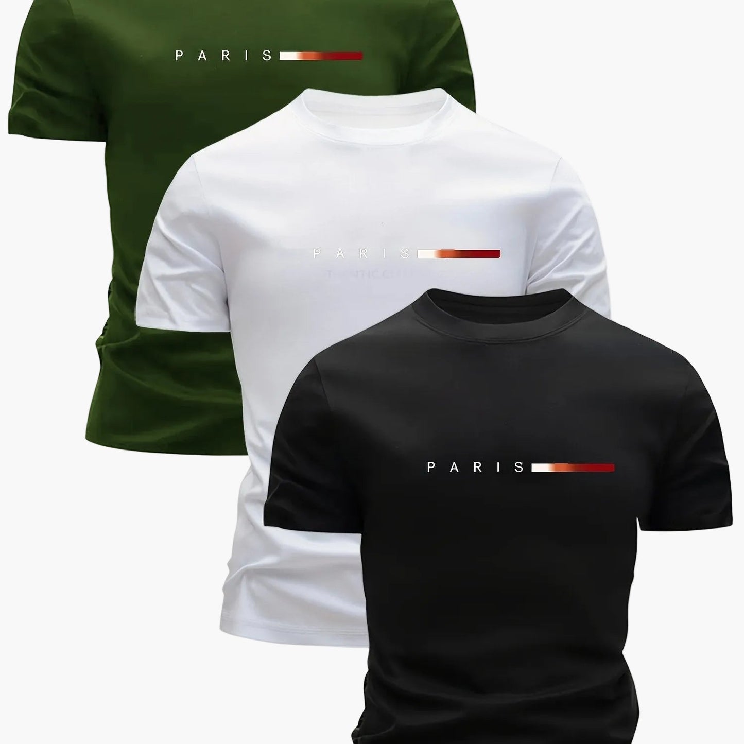 Herren T-Shirt 3er Set – Modernes Paris Print Design, Freizeit & Alltag, Rundhals