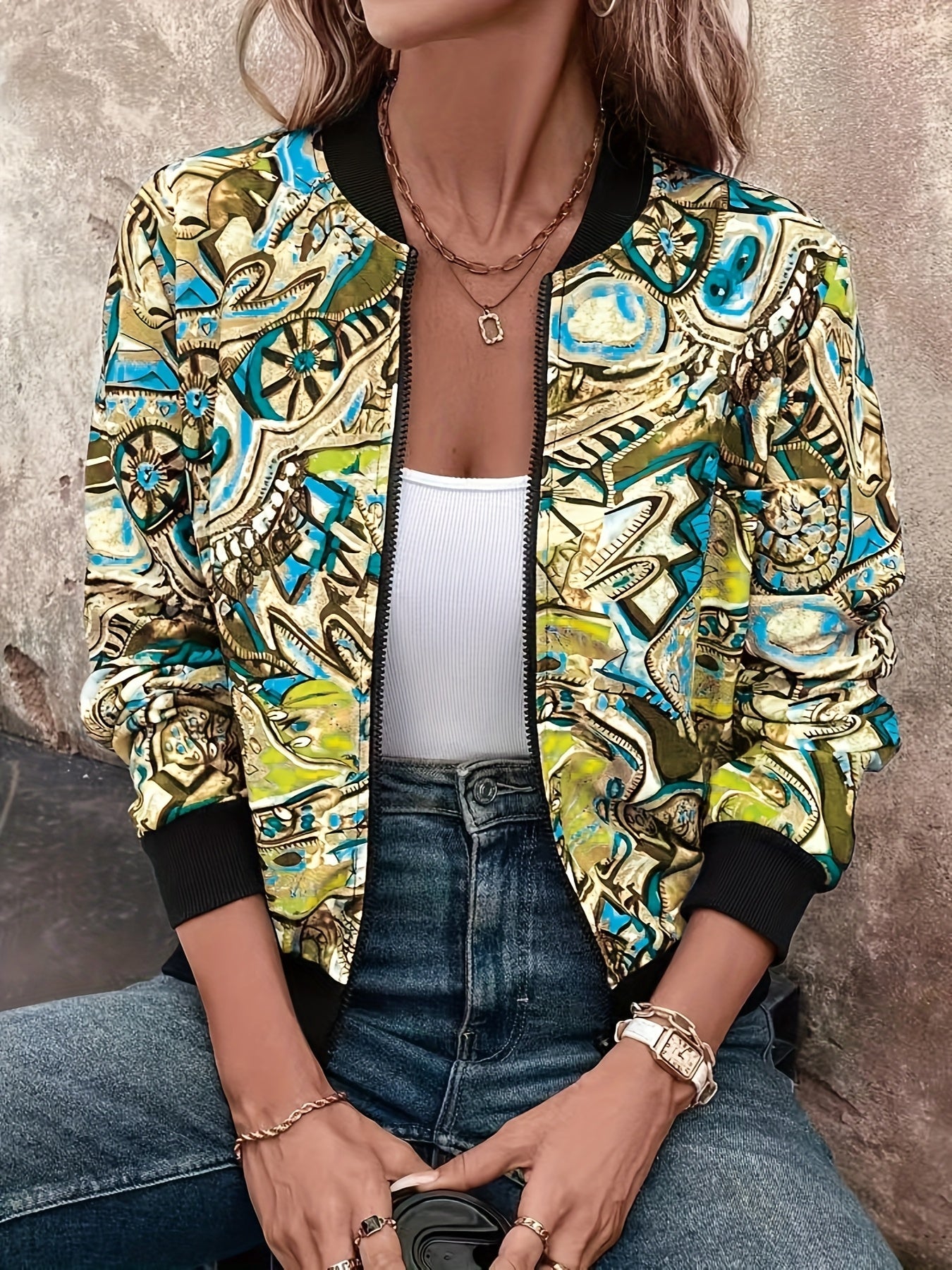 Damen Bomberjacke mit künstlerischem Print – Stilvolle Übergangsjacke für Freizeit & Alltag