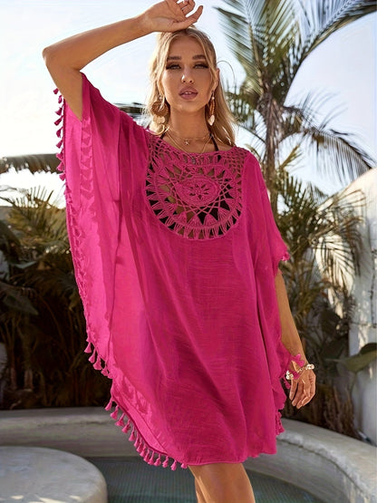 Damen Boho Strand-Tunika mit Häkel-Details und lockerer Passform – Perfekt als Badebekleidung-Überwurf für Urlaub & Pool