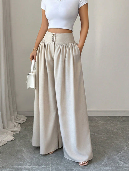 Damen Weite Palazzo-Hose mit High Waist und Knopfdetails – Elegante Freizeit- und Ausgeh-Hose