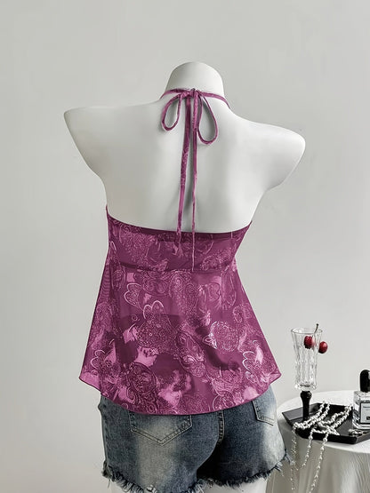 Damen Halterneck Volant-Top mit Herzmuster und Rüschen – Verspielter, femininer Look für Freizeit und Ausgehen