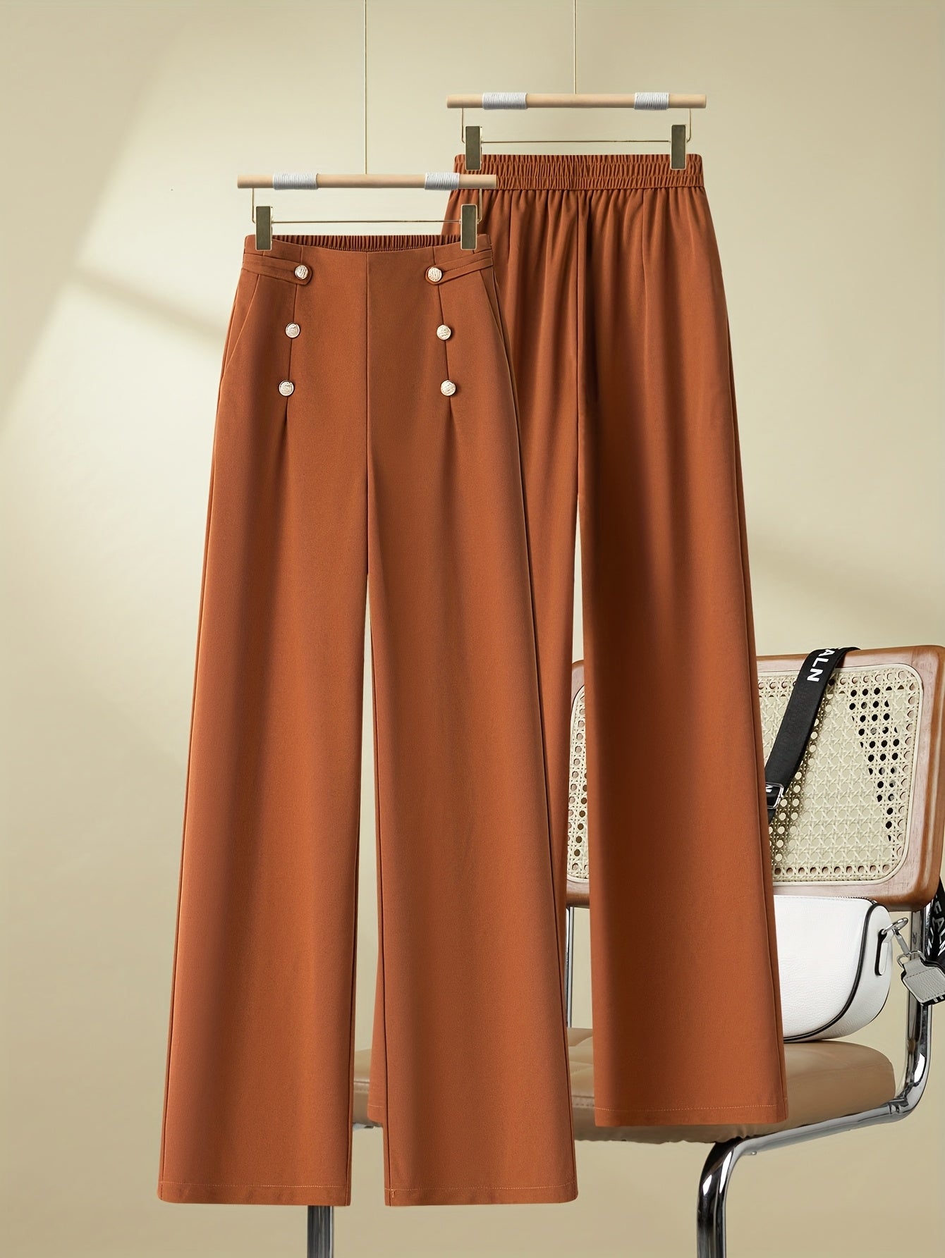 Damen Weitbein-Hosen mit Knopfleiste und elastischem Bund – Eleganter Freizeitstil