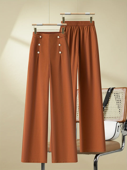 Damen Weitbein-Hosen mit Knopfleiste und elastischem Bund – Eleganter Freizeitstil