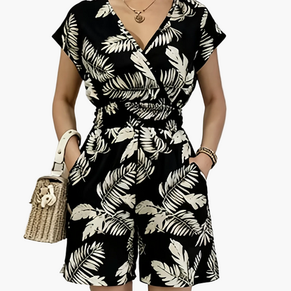 Damen Jumpsuit mit V-Ausschnitt und tropischem Print – Eleganter Freizeit Einteiler mit Taillenbetonung