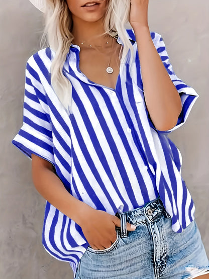 Damen Sommer Streifenbluse im lässigen Boyfriend-Stil – Elegantes Freizeit Hemd