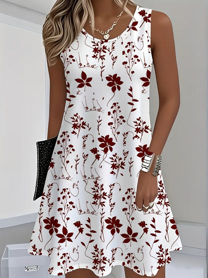 Damen Sommerkleid ärmellos mit floralem Print, elegantes Freizeitkleid für Alltag und Urlaub