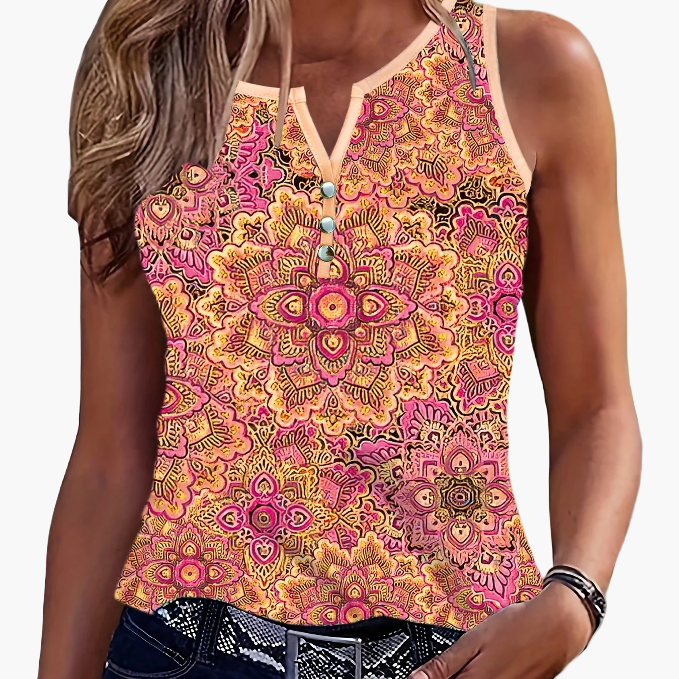 Damen Sommer Tanktop mit Ethno-Muster und Knopfleiste – Freizeit & Street Style