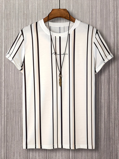 Herren T-Shirt mit vertikalem Streifenmuster und modernem Grafik-Print – Freizeit & Streetstyle