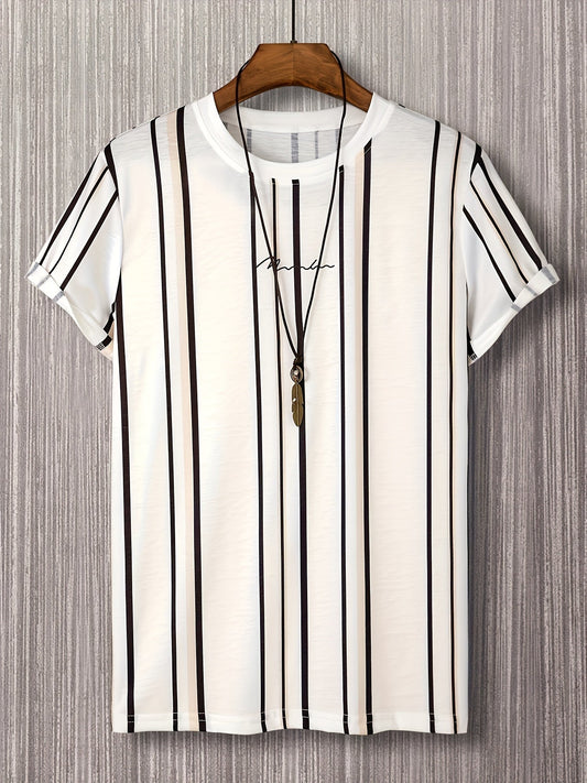 Herren T-Shirt mit vertikalem Streifenmuster und modernem Grafik-Print – Freizeit & Streetstyle