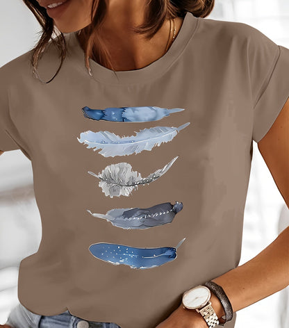 Damen T-Shirt mit künstlerischem Feder-Print – Lässiger Stil für Alltag & Freizeit