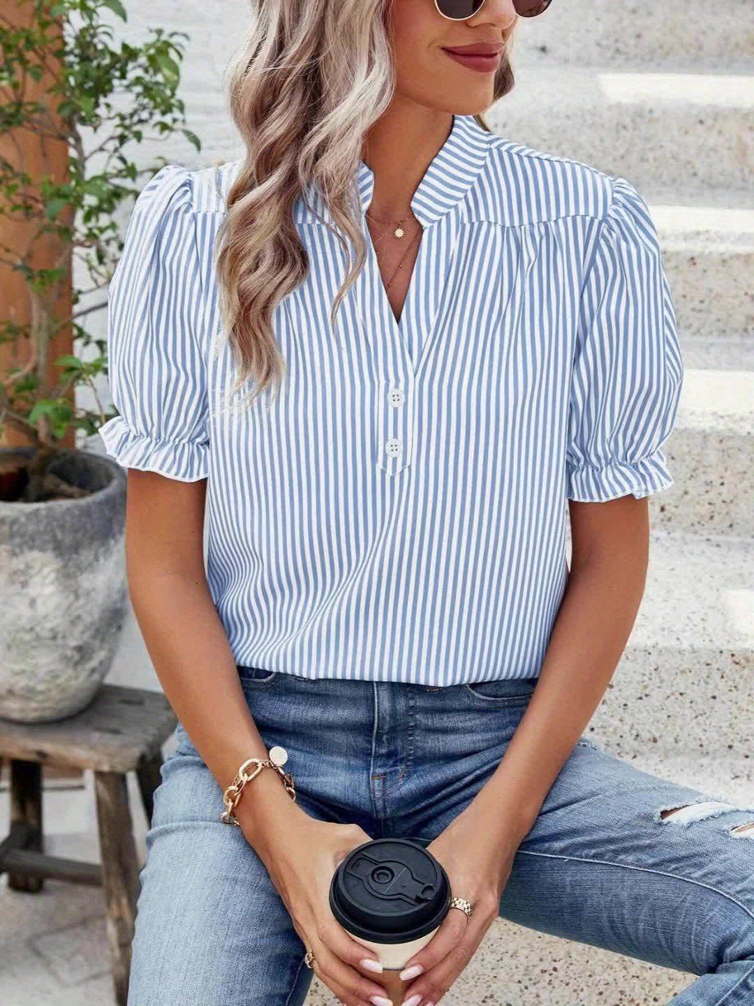 Damen Blusenshirt mit Streifen und Puffärmeln – Eleganter Freizeit-Look für Alltag und Büro
