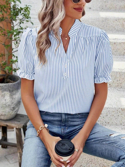 Damen Blusenshirt mit Streifen und Puffärmeln – Eleganter Freizeit-Look für Alltag und Büro
