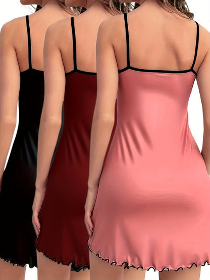 Damen Nachthemd Set, Elegantes Slipkleid mit Spaghettiträgern, 3er-Pack, Komfort für Zuhause und Nachtwäsche
