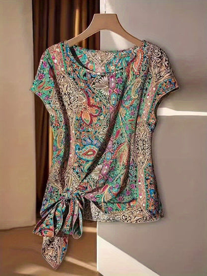 Damen Boho-Bluse mit Paisley-Muster und asymmetrischem Knoten – Elegantes Sommer-T-Shirt für Freizeit und Büro