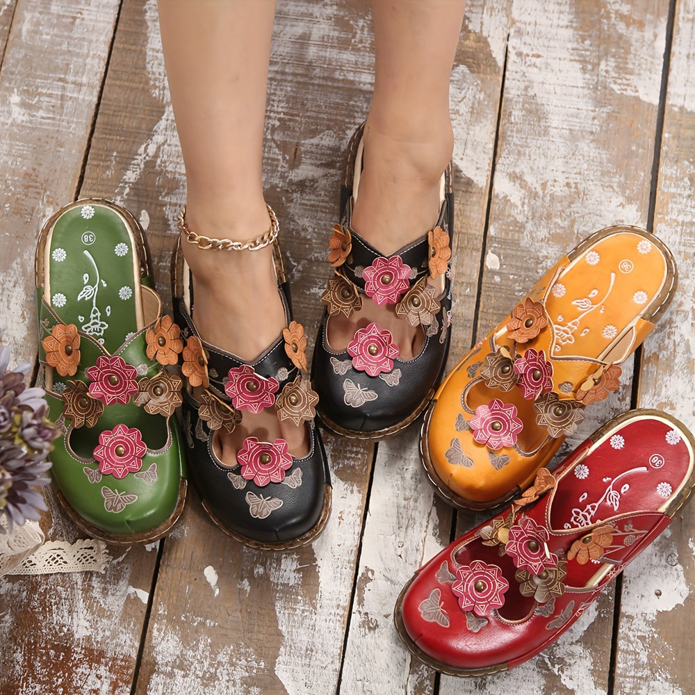 Damen Wedges Mules mit Blumen- und Schmetterlingsdesign – Boho Komfortschuhe
