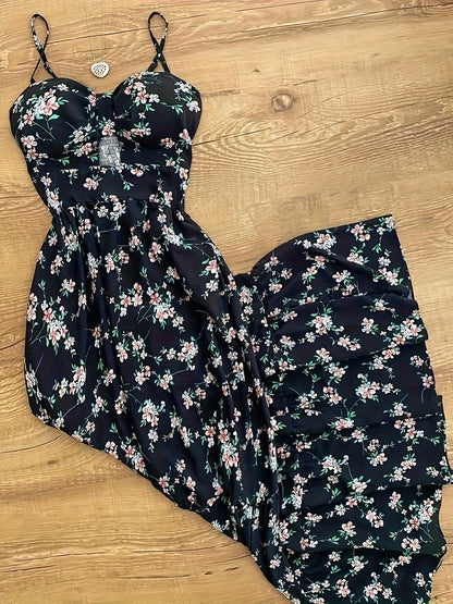 Damen Maxikleid Polka-Dot mit Rüschenrock und Spaghettiträgern – Vintage-inspiriertes Sommerkleid für besondere Anlässe