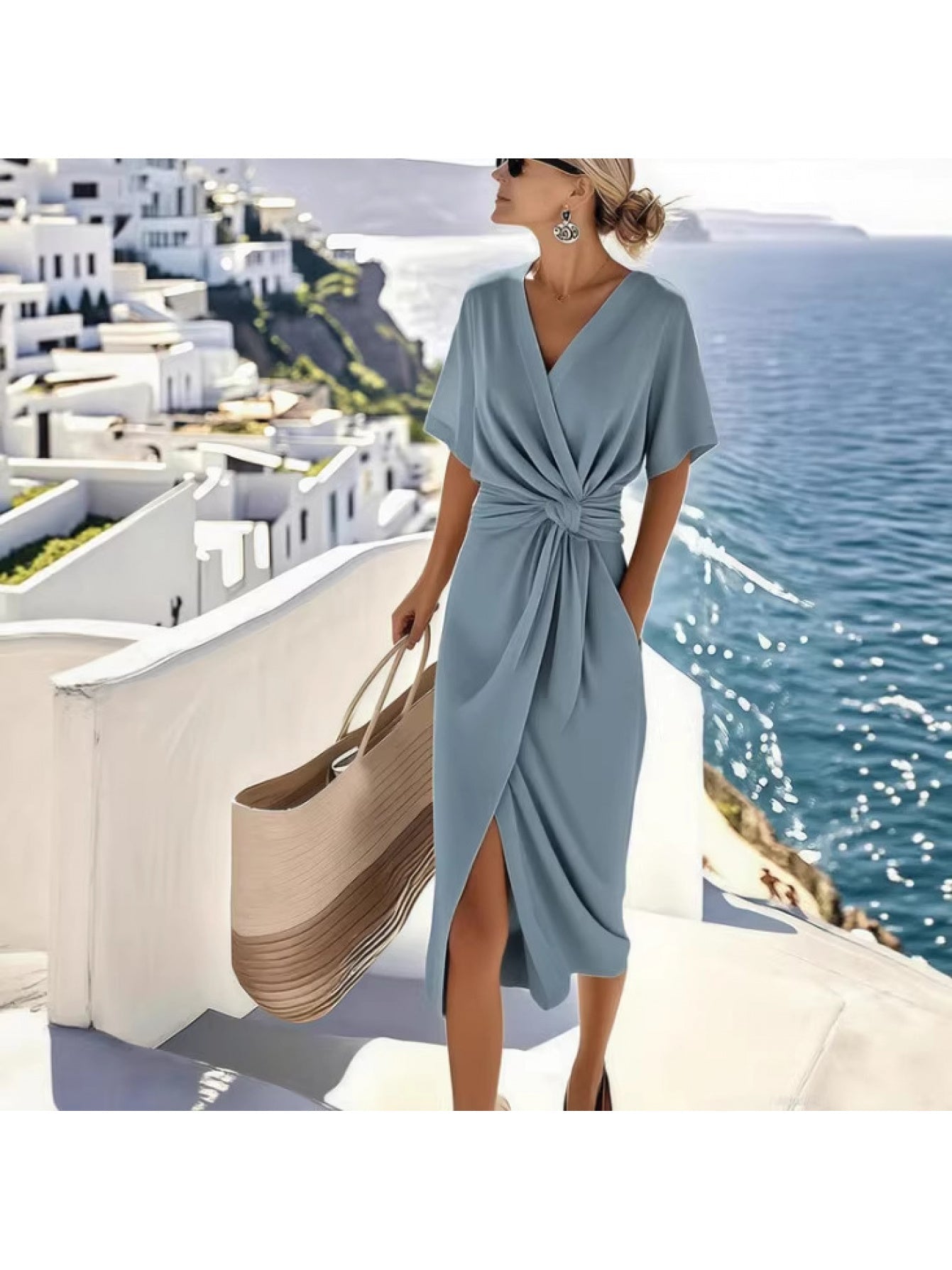 Damen Sommerkleid Elegant Wickelkleid mit Knoten und Kurzarm – Perfekt für Urlaub und Freizeit