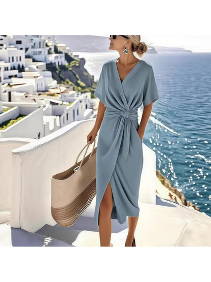 Damen Sommerkleid Elegant Wickelkleid mit Knoten und Kurzarm – Perfekt für Urlaub und Freizeit