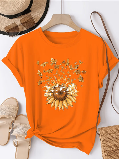 Damen T-Shirt mit Sonnenblume und Schmetterlings-Print – Sommerliches Casual Oberteil