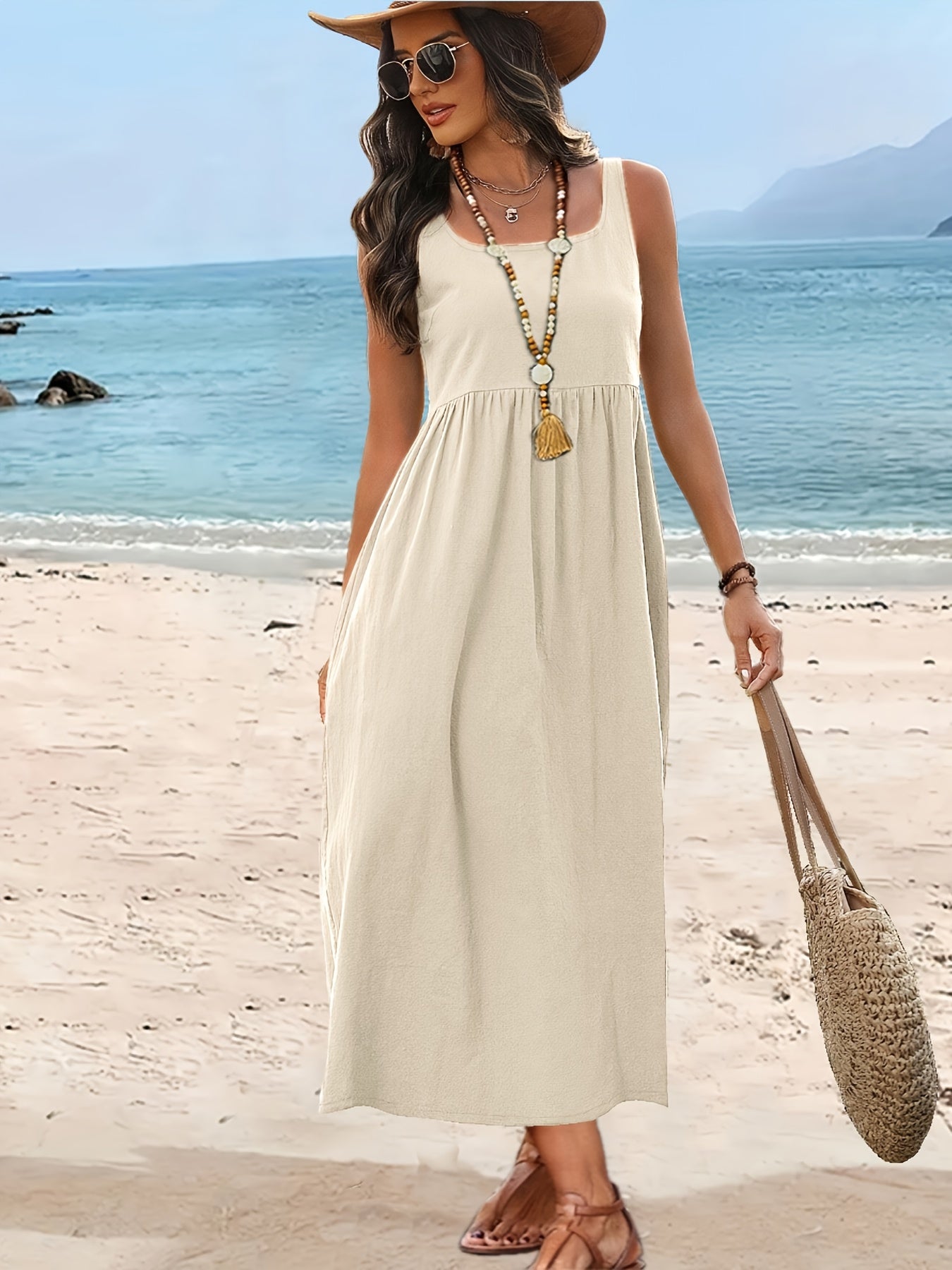 Damen Sommer-Midikleid Urlaub Stil ärmellos Fit & Flare