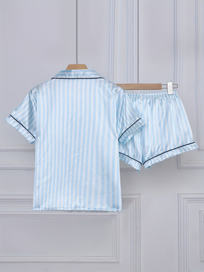 Damen Satin Pyjama Set mit Streifen, Kurzarm, Klassischer Schlafanzug für Frühling und Sommer