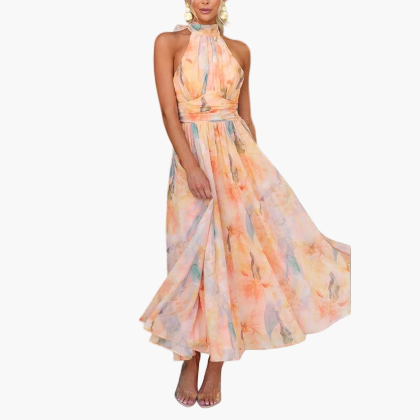 Damen Maxikleid Elegant Wasserfarbenmuster – Perfekt für Sommer und festliche Anlässe