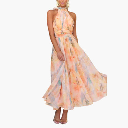 Damen Maxikleid Elegant Wasserfarbenmuster – Perfekt für Sommer und festliche Anlässe
