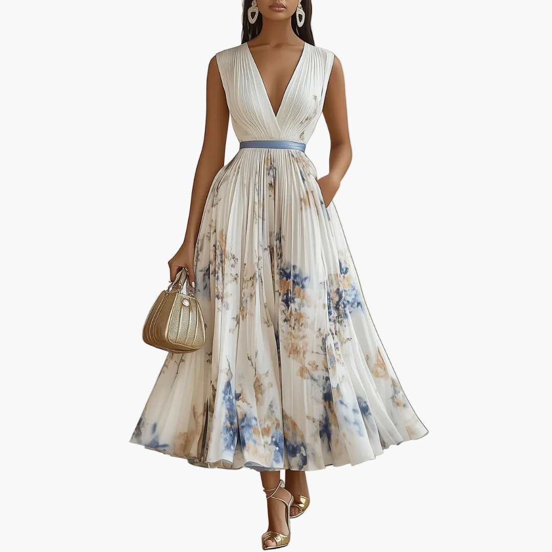 Damen Plissee Abendkleid mit Blumenmuster – Elegantes V-Ausschnitt Festkleid für besondere Anlässe