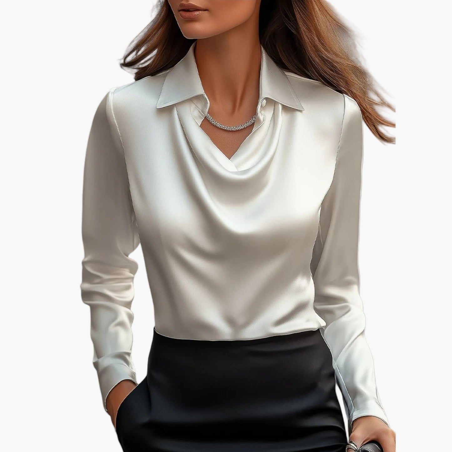Damen Satinbluse mit Wasserfallkragen – Elegante Business- und Abendmode