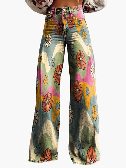 Damen Weite Baggy Jeans mit Blumenmuster – Trendige Freizeithose im Boho-Stil