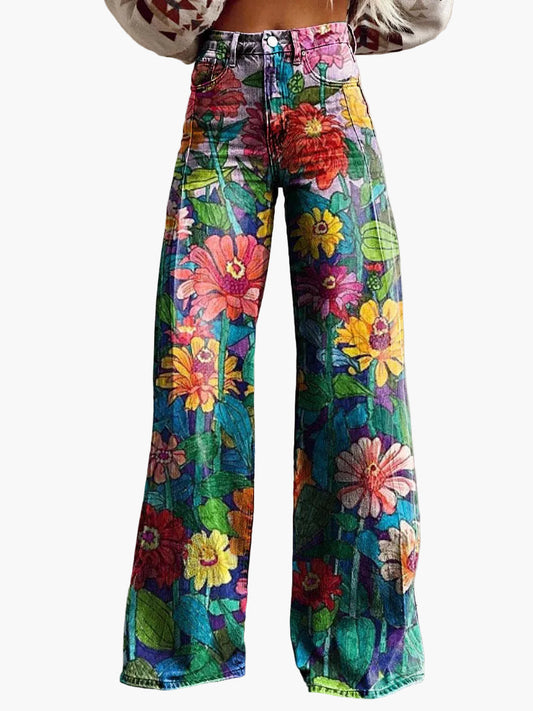 Damen Weite Baggy Jeans mit Blumenmuster – Trendige Freizeithose im Boho-Stil