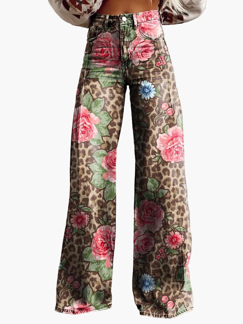 Damen Weite Baggy Jeans mit Blumenmuster – Trendige Freizeithose im Boho-Stil