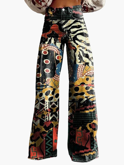Damen Weite Baggy Jeans mit Blumenmuster – Trendige Freizeithose im Boho-Stil