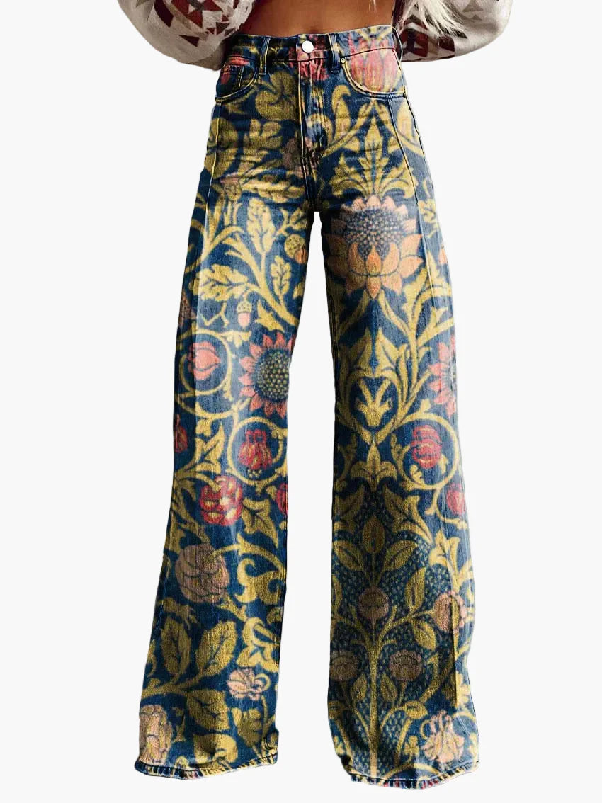 Damen Weite Baggy Jeans mit Blumenmuster – Trendige Freizeithose im Boho-Stil
