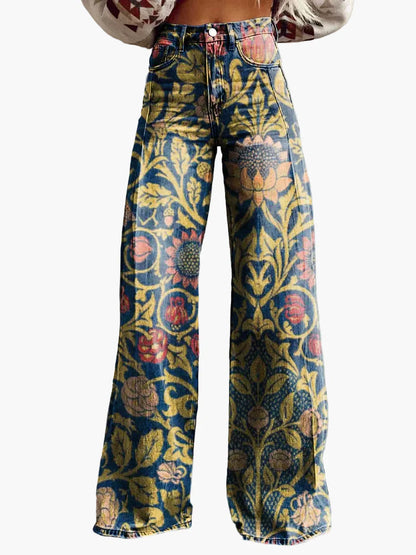 Damen Weite Baggy Jeans mit Blumenmuster – Trendige Freizeithose im Boho-Stil