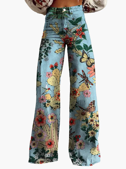 Damen Weite Baggy Jeans mit Blumenmuster – Trendige Freizeithose im Boho-Stil
