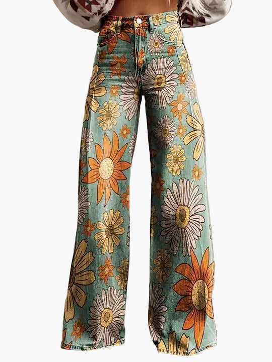 Damen Weite Baggy Jeans mit Blumenmuster – Trendige Freizeithose im Boho-Stil