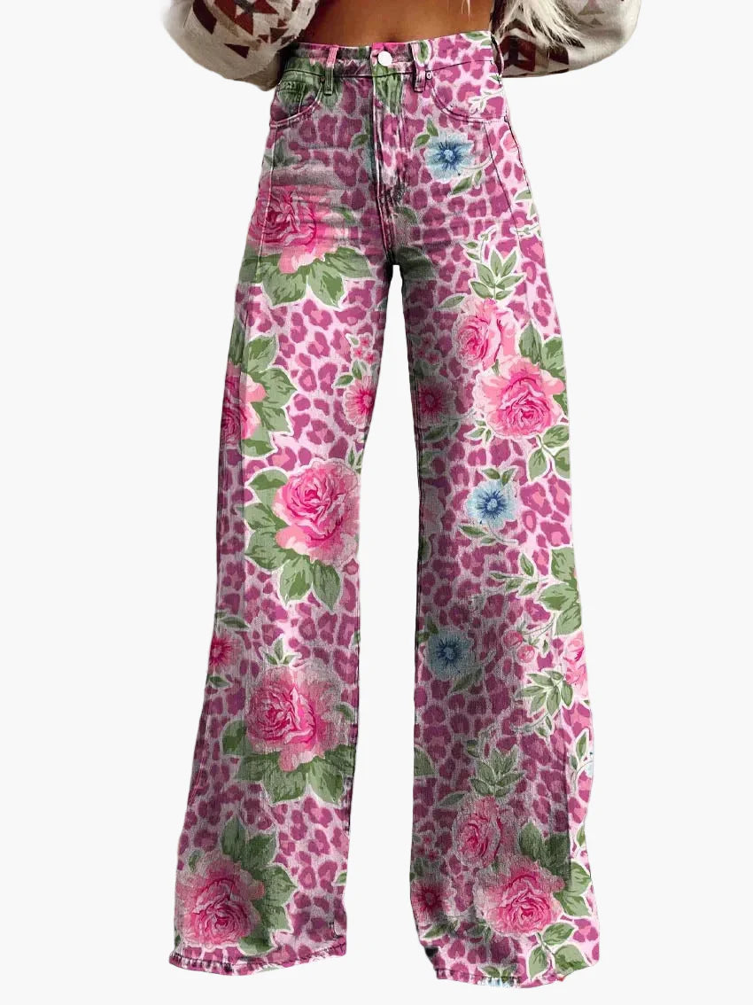 Damen Weite Baggy Jeans mit Blumenmuster – Trendige Freizeithose im Boho-Stil