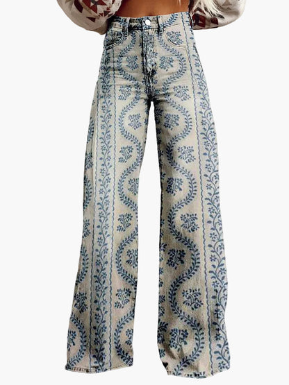 Damen Weite Baggy Jeans mit Blumenmuster – Trendige Freizeithose im Boho-Stil