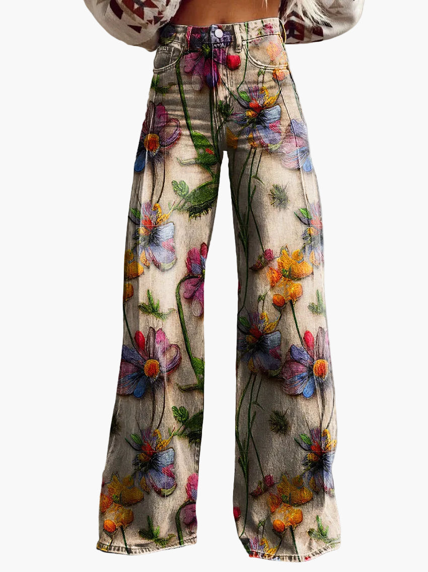 Damen Weite Baggy Jeans mit Blumenmuster – Trendige Freizeithose im Boho-Stil