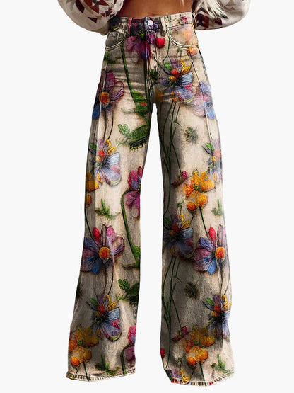 Damen Weite Baggy Jeans mit Blumenmuster – Trendige Freizeithose im Boho-Stil