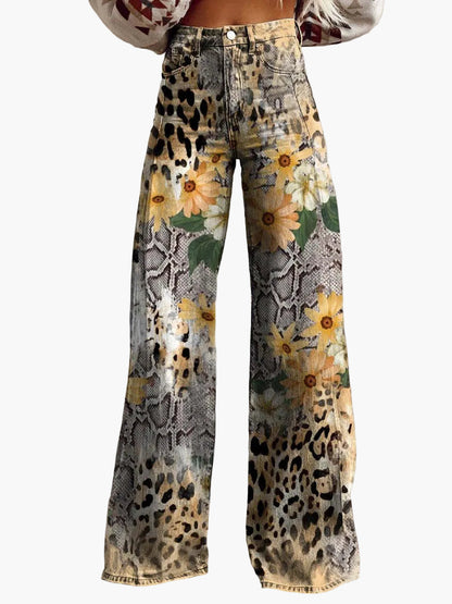 Damen Weite Baggy Jeans mit Blumenmuster – Trendige Freizeithose im Boho-Stil