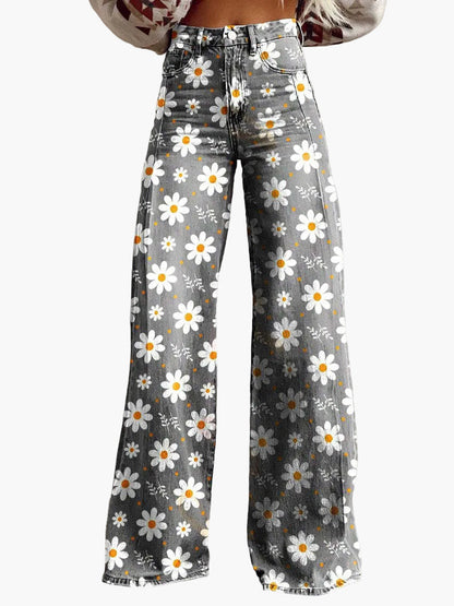 Damen Weite Baggy Jeans mit Blumenmuster – Trendige Freizeithose im Boho-Stil