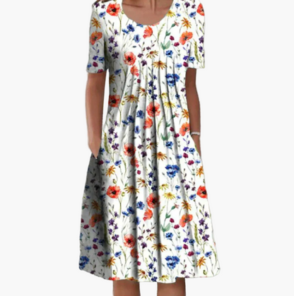 Damen Sommerkleid Midi Freizeitkleid mit Blumenmuster – Lockeres, Bequemes Kleid für Alltag & Urlaub