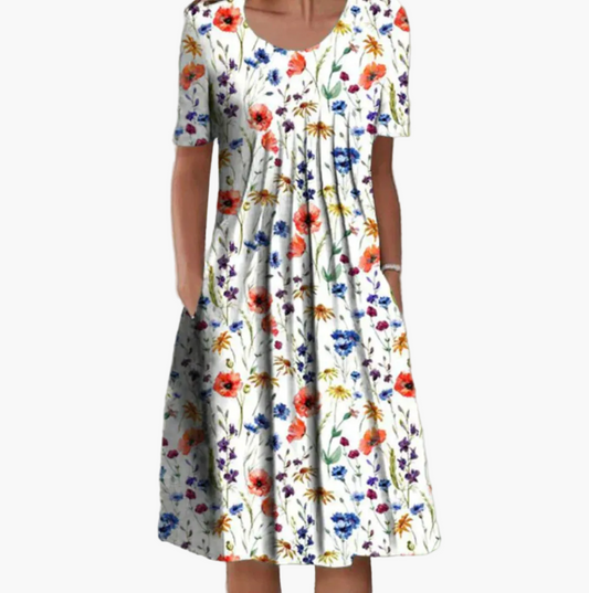 Damen Sommerkleid Midi Freizeitkleid mit Blumenmuster – Lockeres, Bequemes Kleid für Alltag & Urlaub