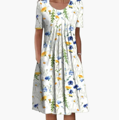 Damen Sommerkleid Midi Freizeitkleid mit Blumenmuster – Lockeres, Bequemes Kleid für Alltag & Urlaub